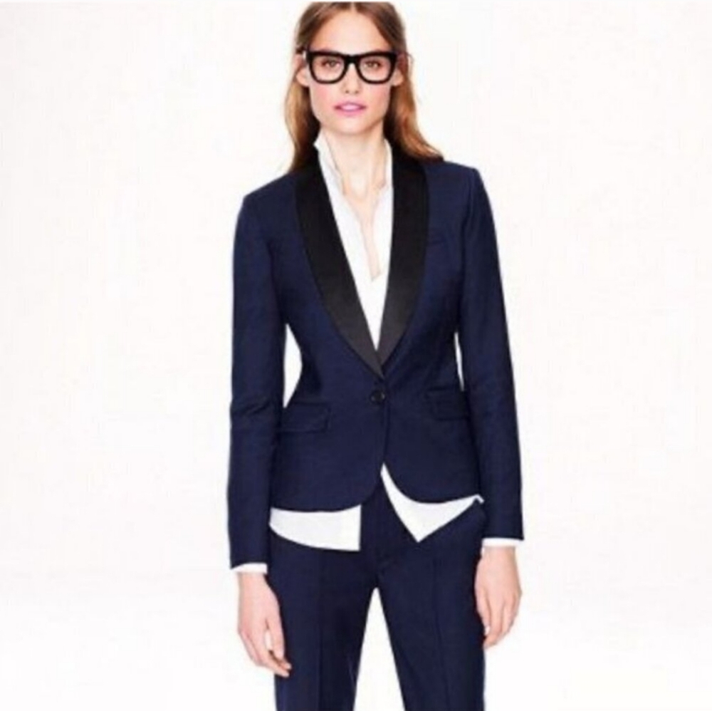 Women's J. Crew 100% Wool Navy And Black Tuxedo Blazer